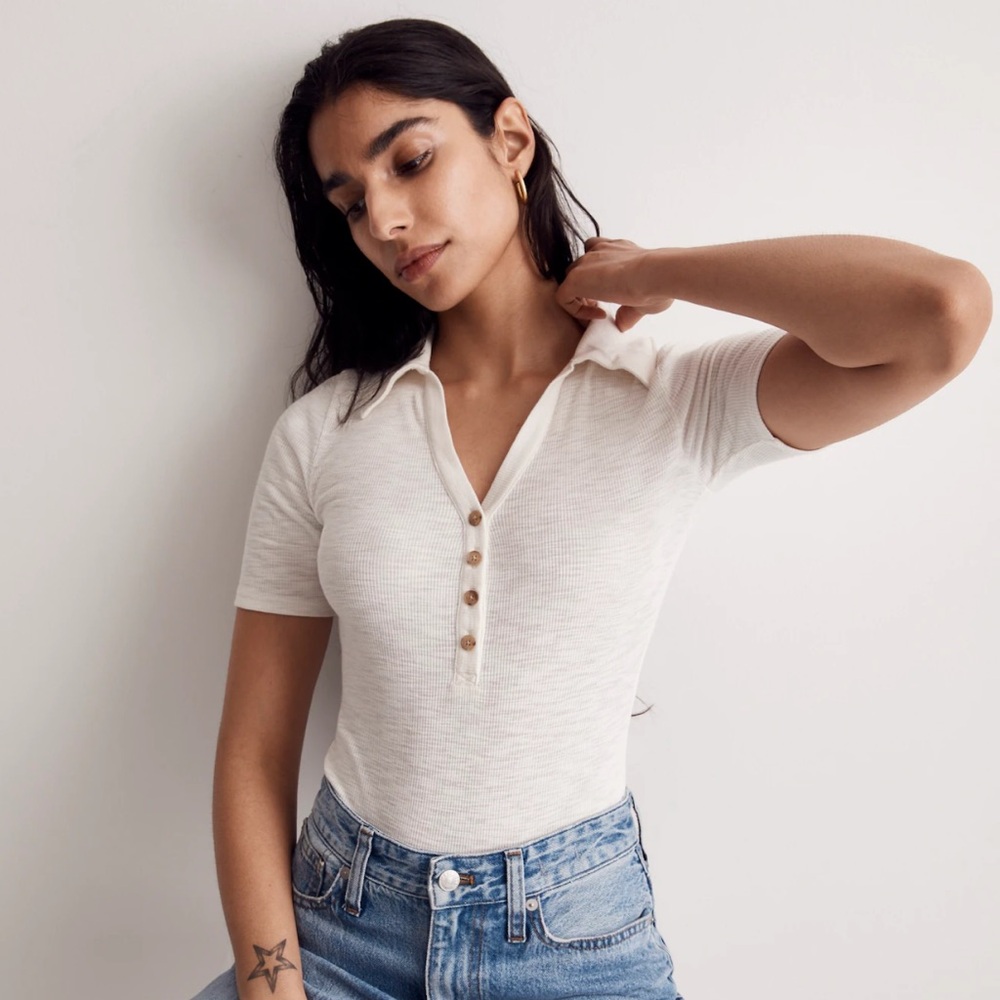 Madewell white ribbed thong polo bodysuit